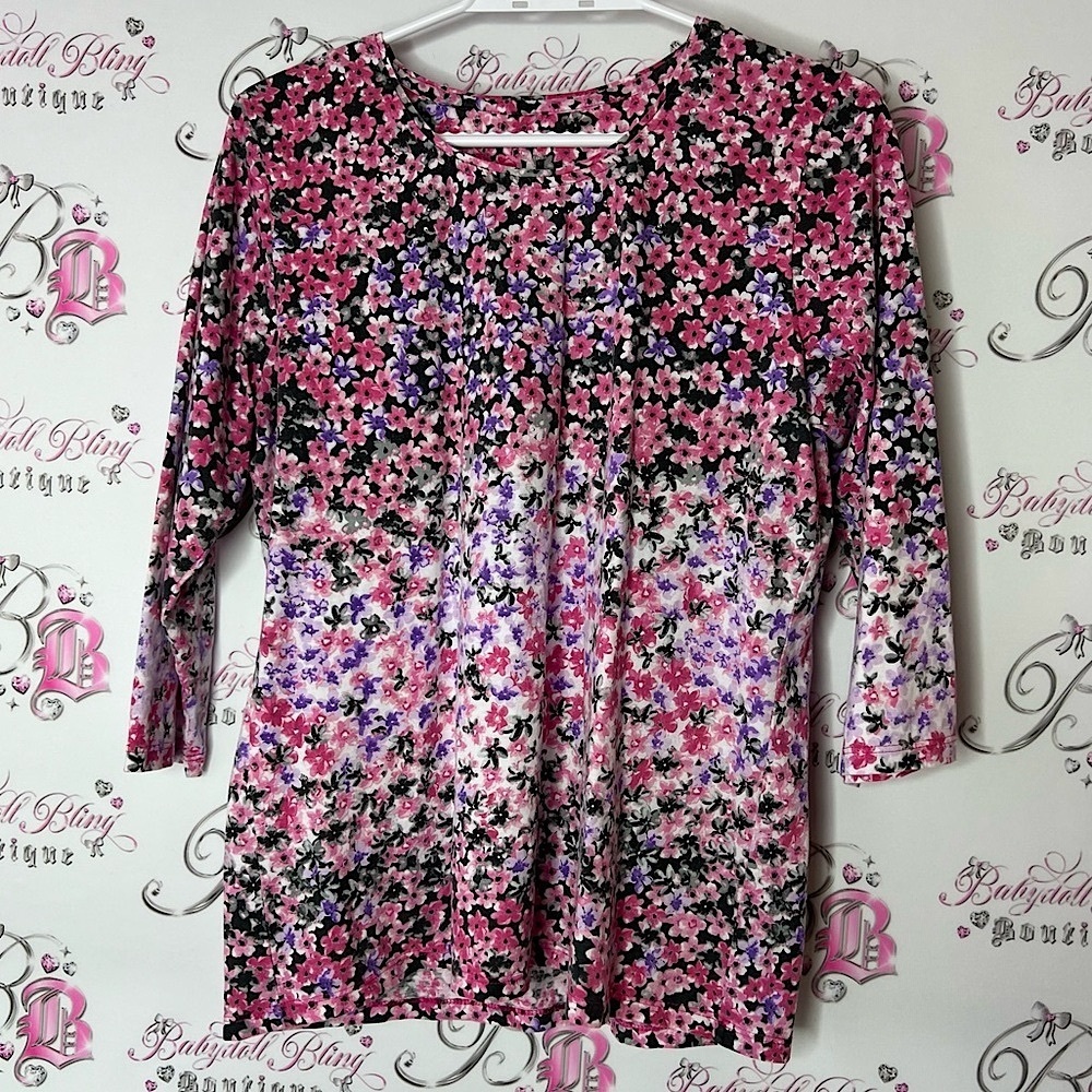 Alia top rhineston crystal diamond Floral Women's Top Pink and Purple white